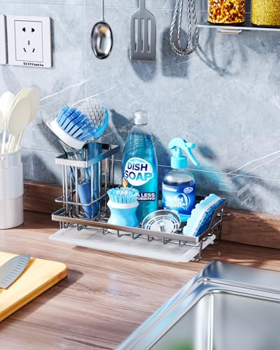 Consumest Sink Caddy, Kitchen Sponge Holder with Dish Brush Holder, Kitchen Sink Organizer with Drip Tray for Countertop Stainless Steel Rustproof, Silver-Large - color: Silver-l