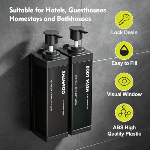 Wall Mounted Lockable Shampoo and Conditioner Dispenser | 17oz Large Pump Head No Drill Refillable ABS Plastic Bottle For Bathroom Shower Commercial Use Black 2 Pack - color: Black, size: 2