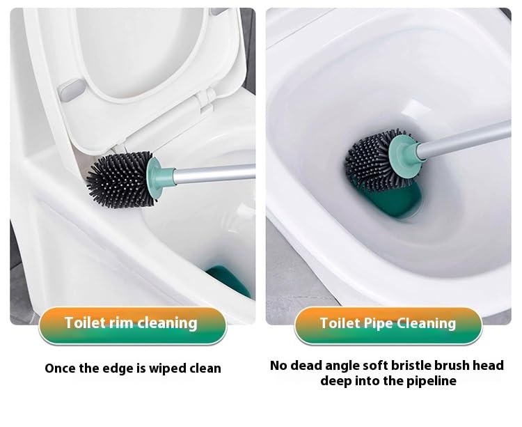 Toilet Brush, Silicone Toilet Bowl Brushes and Holder for Bathroom, Compact Flexible Toilet Cleaner Brush with Ventilated Drying Holder, Wall Mounted/Floor Standing Gray/Green–Long Non-Slip Handle