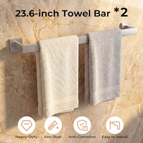 10-Piece Brushed Nickel Bathroom Hardware Set SUS304 Stainless Steel, 2×23.6" Towel Bars, 2 Towel Rings, 2 Toilet Paper Holders & 4 Towel Hooks Wall Mounted Bathroom Accessories Set - color: Brushed Nickel, size: 10 pack