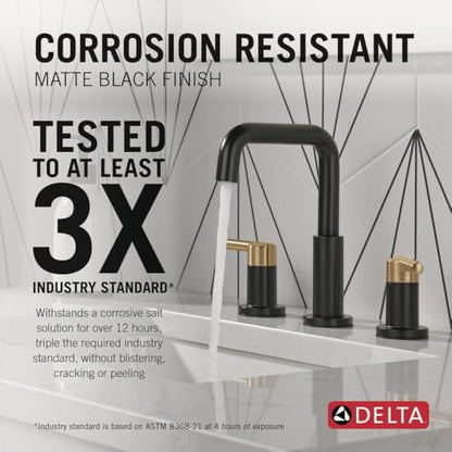 Delta Nicoli Matte Black/ Brushed Gold Faucet 3 Hole, 8 Inch Widespread Bathroom Sink Faucet for Vanity, Push-Pop Drain Assembly, Matte Black/ Champagne Bronze 35849LF-GZ - color: Matte Black/Champagne Bronze