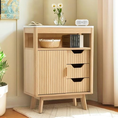 Fluted Storage Cabinet for Bathroom, 3 Drawer Floor Cabinet with Sliding Door, Mid Century Storage Organizer with Adjustable Shelf, Modern Curved Edge Cabinet for Dining Room Kitchen (Natural)