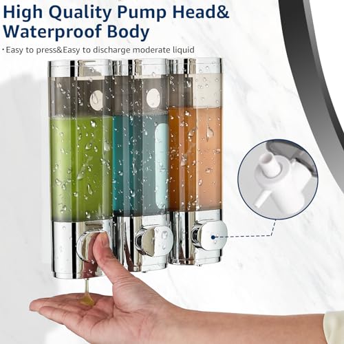 Pollock Shampoo and Conditioner Dispenser Wall Mounted | Shower Soap Dispenser 2 Chamber No Drill, Shampoo Dispenser for Shower, Body Wash Dispenser for Bathroom, Large Capacity - color: Silver Dg3 Chamber