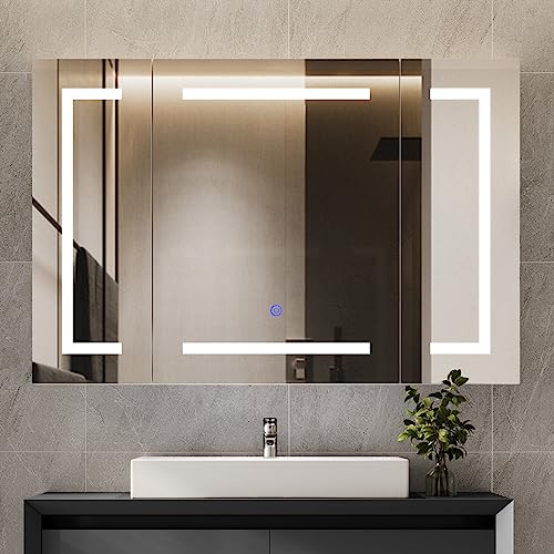 Hasuit Lighted Medicine Cabinet with Mirror, Wall Mounted Bathroom Mirror with Storage, 3 Doors Bathroom Wall Cabinet with LED Lights, 39.4'' x 23.6'' - size: 39.4'' x 23.6'' With 3 Doors