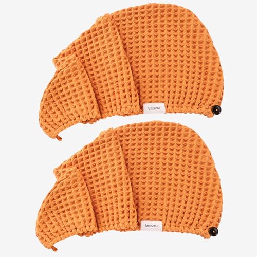 Luxury Organic Japanese Cotton Hair Drying Waffle Towel Wrap for Women | Absorbent, Quick-Dry Head Turban for Shower, Sauna, Spa | Extra Large for Long, Curly, Straight Hair With Button (Orange, 2 Pc) - color: Coral Orange, style: Hair Towel (2 Pack)