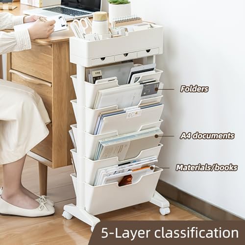 5 Tier Rolling Book Cart Multi-Functional Movable Storage Bookshelves | rolling bookshelf,Movable Storage Bookshelves with Lockable Wheels for Study Office Library Classroom, - color: Whtie
