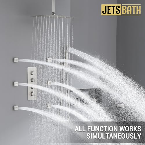 Thermostatic Shower System with 6 Body Jets & 16-Inch Ceiling Rainfall Shower Head Luxury Full Body Brushed Nickel Shower Faucet with Handheld Sprayer, Shower Fixtures Set with Valve and Trim - color: Brushed Nickel