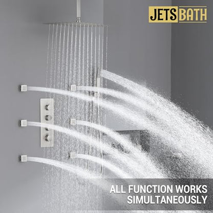 Thermostatic Shower System with 6 Body Jets & 16-Inch Ceiling Rainfall Shower Head Luxury Full Body Brushed Nickel Shower Faucet with Handheld Sprayer, Shower Fixtures Set with Valve and Trim - color: Brushed Nickel