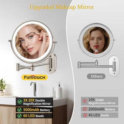 FUNTOUCH 5000mAh Rechargeable Wall Mounted Makeup Mirror with Lights 3X/20X | Double Sided Magnifying,3 Color Lights,Touch Dimmable, Extended Arm 360 Rotation Lighted Bathroom Mirror with Magnification - color: Nickel