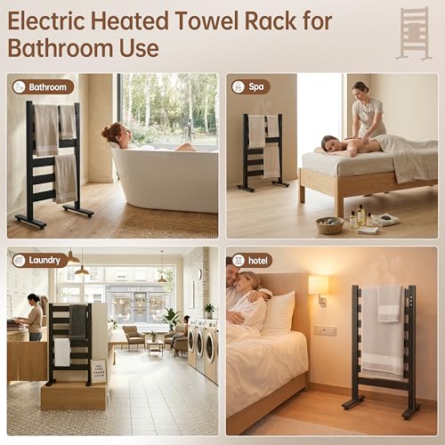 6-Bar Freestanding Heated Towel Warmer with PTC Fast Heating | 170°F Adjustable Temperature, 2-12H Timer & Memory Function, Freestanding Design, Wide Bar Rack for Towels, Matte Black - color: Black