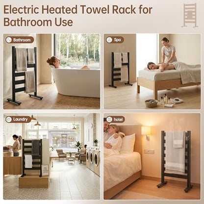 6-Bar Freestanding Heated Towel Warmer with PTC Fast Heating | 170°F Adjustable Temperature, 2-12H Timer & Memory Function, Freestanding Design, Wide Bar Rack for Towels, Matte Black - color: Black
