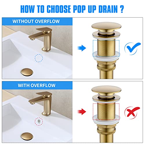 JONKEAN Bathroom Pop Up Drain Without Overflow,Vanity Vessel Sink Drain with Detachable Strainer Basket,Pop Up Drain Stopper Hair Catcher, Built-in Anti-Clogging Strainer(Brushed Gold) | Built-in Anti-Clogging Strainer, Brass and 304 Stainless Steel for 1
