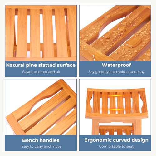 DUMOS 14" Woodern Shower Bench for Inside Shower, Waterproof Bathroom Bench | Shower Chair for Shaving Legs and Spa, Non-Slip Solid Wood Shower Stool with Handles for Senior Adult Disabled Elderly, Brown - size: 13.98"W
