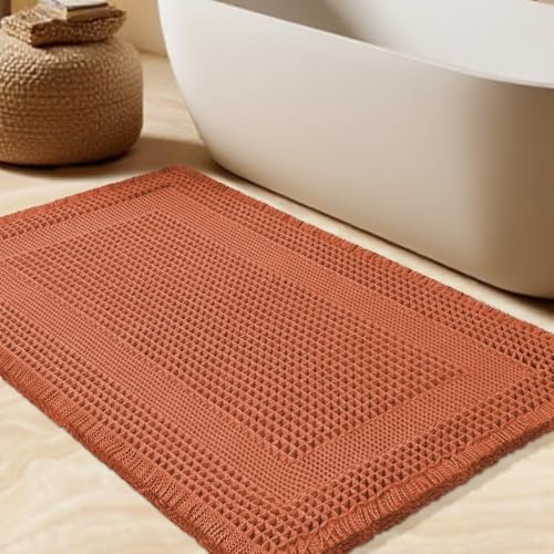 Upgrade Waffle Bath Mat, Boho Bathroom Rugs Absorbent Non Slip, Ultra Soft Bathroom Mat, Machine Washable Knit Bath Rugs with Tassels for Bathroom, Bedroom, Kitchen,Shower,Tub, 36"x24", Burnt Orange - color: Burnt Orange-looped, size: 2' x 3' (Rectangular