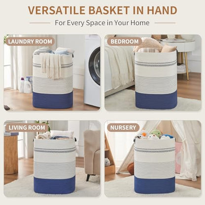 AINUOQI Large Laundry Basket - Tall Woven Rope Laundry Hamper with Leather Handles - Dirty Clothes hamper for Living room, Bedroom, 17" X 13.8" X 22", Dark Blue & White - color: Dark Blue & White, size: 85L