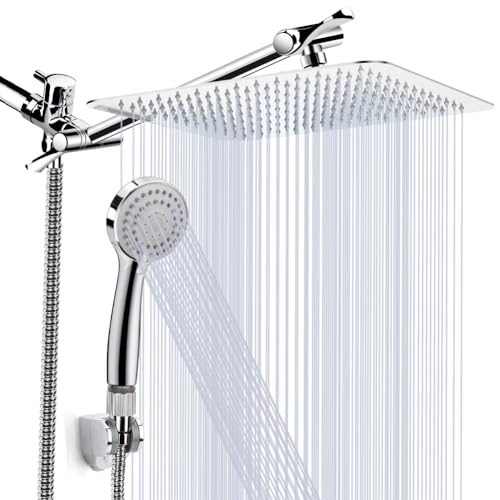 Shower Head, Kaqinu 10'' High Pressure Rainfall Shower Head/Handheld Showerhead Combo with 11” Extension Arm, Anti-leak Shower Head with Holder/Hose, Flow Regulator - Chrome - color: Silver, size: 10 Inch