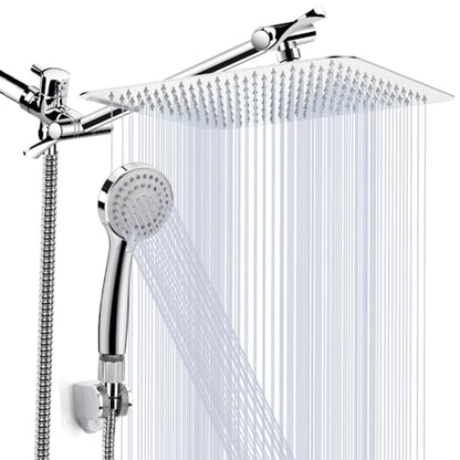 Shower Head, Kaqinu 10'' High Pressure Rainfall Shower Head/Handheld Showerhead Combo with 11” Extension Arm, Anti-leak Shower Head with Holder/Hose, Flow Regulator - Chrome - color: Silver, size: 10 Inch