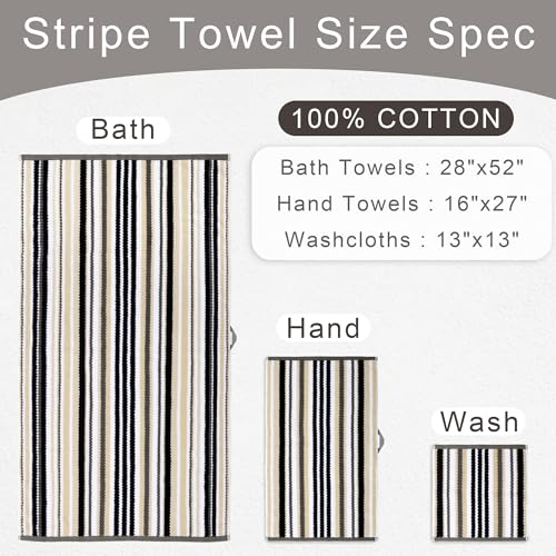 VOOVA & MOVAS Striped Towels 6 Pack, 100% Cotton, Black | Complete Bathroom Matching, Available in 13x13, 16x27, 28x52 In, Quick Dry, Highly Absorbent, Bath Towels with Hanging Loops - color: Gray + Black Striped, size: 6 PCS Bathroom Towels