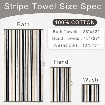 VOOVA & MOVAS Striped Towels 6 Pack, 100% Cotton, Black | Complete Bathroom Matching, Available in 13x13, 16x27, 28x52 In, Quick Dry, Highly Absorbent, Bath Towels with Hanging Loops - color: Gray + Black Striped, size: 6 PCS Bathroom Towels