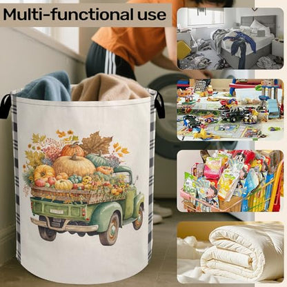 Fall Pumpkin Truck Large Clothes Hamper Bag - Laundry Basket with Handles, Space Saving Foldable Design for Nursery - color: Fall Pumpkin Truck