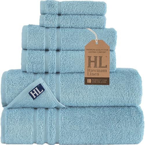 Hawmam Linen Light Blue 6 Piece Bath Towels Set for Bathroom Original Turkish Cotton Soft, Absorbent and Premium 2 Bath Towels, 2 Hand Towels, 2 Washcloths - color: Light Blue, size: 6 Piece Towel Set (2 Bath, 2 Hand, 2 Wash)
