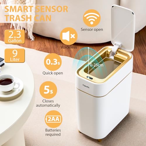 Pukomc Automatic Small Sensor Trash Can with Touchless Lid | 2.3 Gallon / 9L Smart Garbage Can, Quiet Close White Gold Waste Bin - Perfect for Kitchen, Living Room & Small Spaces - color: White