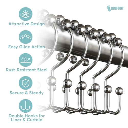 BigFoot Shower Curtain Hooks - 12 Rust-Resistant Stainless Steel Double Hooks, Easy Glide & Secure Hold, Fits Any Shower Curtain Rod, Rings Hold Liners & Curtains, Nickel Color - style: Style 2 Double Hook