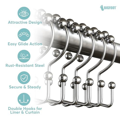 BigFoot Shower Curtain Hooks - 12 Rust-Resistant Stainless Steel Double Hooks, Easy Glide & Secure Hold, Fits Any Shower Curtain Rod, Rings Hold Liners & Curtains, Nickel Color - style: Style 2 Double Hook
