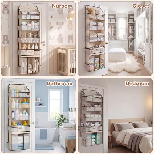 Baby Nursery Over The Door Organizer, 10 Pocket Hanging Storage | Removable Diaper Caddy & 3 Sturdy Hooks, 55LBS Capacity Baby Essentials Holder for Bathroom Bedroom Closet, Beige