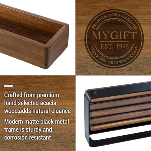 MyGift Modern Matte Black Wall Mounted Towel Rack with Acacia Wood Shelf – Metal Bathroom Storage Organizer for Towels and Décor