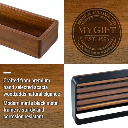 MyGift Modern Matte Black Wall Mounted Towel Rack with Acacia Wood Shelf – Metal Bathroom Storage Organizer for Towels and Décor