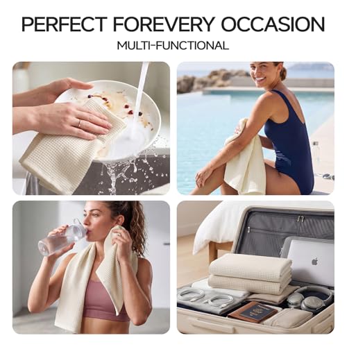ecolook 6-Piece Waffle Weave Towel Set, 100% Cotton, Lightweight, Absorbent & Quick-Drying, 2 Bath Towels (31×63 in), 2 Hand Towels, 2 Washcloths, Lint-Free for Bathroom, Pool, Gym, Travel - Khaki - color: Khaki