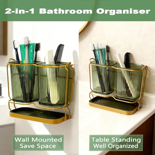 Green Toothbrush Holders for Bathrooms, 2 Cups Toothbrush Holders Wall Mounted, Bathroom Organizers and Storage, Bathroom Toothbrush Holder Set for Toothpaste Razors Toothbrush