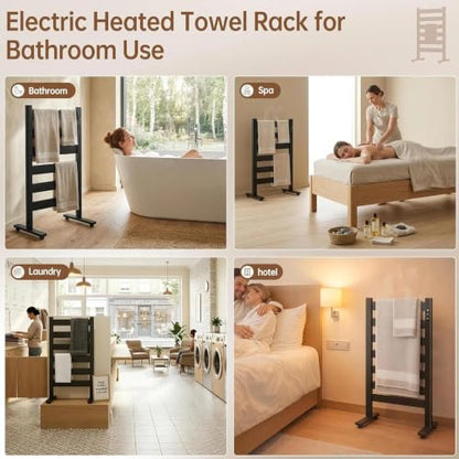 Freestanding Heated Towel Rack Matte Black | 6 Bars Electric Towel Warmer with Digital Timer Control Wall Mount & Floor Standing 2 in 1 Towel Drying Rack for Bathroom - size: 53*80