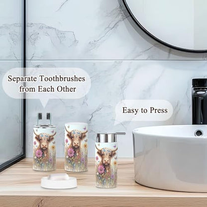 6 Piece Bathroom Accessories Set Highland Cow Rustic Farmhouse Animal Nature Flower Landscape Abstract Trash can Toilet Brush Holder Toothbrush Holder Toothbrush Cup Soap Dispenser Soap Dish Boho