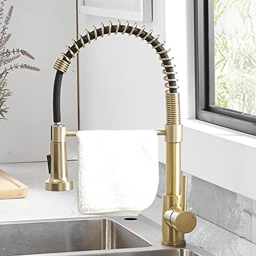 Kitchen Faucet Pull Down Sprayer, Stainless Steel, Brushed Gold | Stainless Steel NSF Certified,1 Handle Faucet,Farmhouse Camper Laundry Utility Rv Wet Bar Sinks,Deck Plate 1,3 Hole - color: C - Brushed Gold