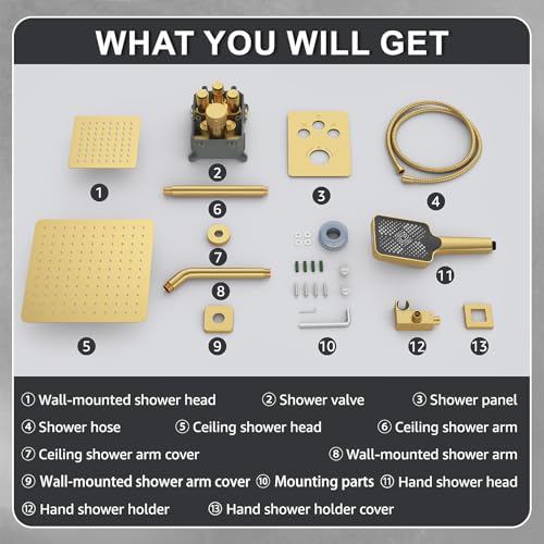 Iriber Thermostatic Shower System with Adjustable Water Flow Push Button Diverter, Square Dual Shower Heads Faucet Set with Handheld Spray, Brushed Gold Shower Mixer Valve Trim Kit (Valve Included) - color: Brushed Gold 05