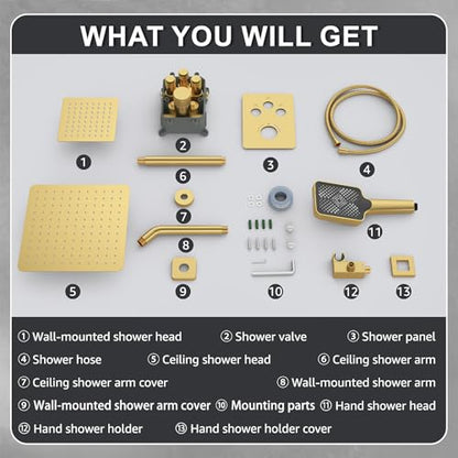 Iriber Thermostatic Shower System with Adjustable Water Flow Push Button Diverter, Square Dual Shower Heads Faucet Set with Handheld Spray, Brushed Gold Shower Mixer Valve Trim Kit (Valve Included) - color: Brushed Gold 05