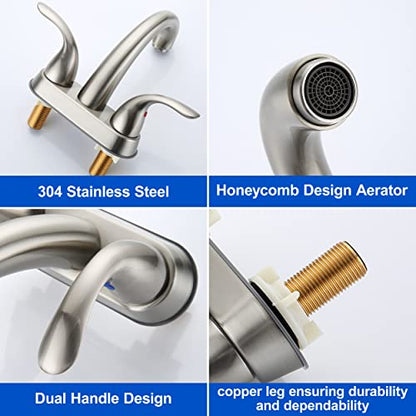 2 Handle Bathroom Sink Faucet, with Pop up Drain & Supply Lines, 4 Inch Centerset Brushed Nickel Faucet for Lavatory Bathroom Sink, Professional Modern Vessel Deck Mount Vanity rv Faucet | 4 Inch Centerset Faucet for Lavatory Bathroom Sink, Professional M