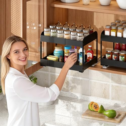 Across-Star Expandable Pull Out Drawers For Shallow Cabinets, 2-Tier Slide Out No Drill Adhesive Kitchen Cabinet Organzier, Adjustable Roll Out Sliding Shelf For Short Upper Cabinet Pantry - size: 8.4''-14.2''W*10.24''D*10.82''H