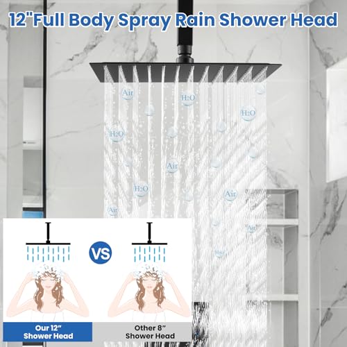Airuida 12 Inch Matte Black Shower Faucet Set,Rainfall Shower System | Ceiling Shower Head,Male Thread Rough-in Valve,Ceiling Mount,Single Handle - color: Matte Black, size: 12 Inch