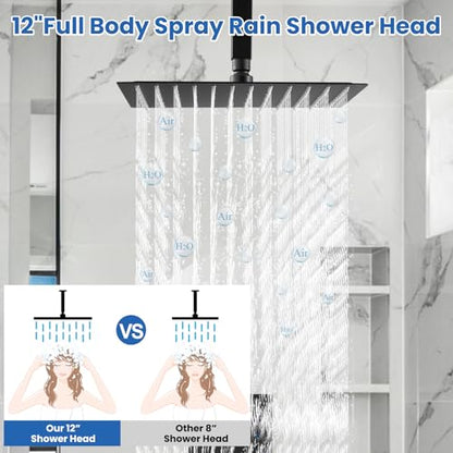 Airuida 12 Inch Matte Black Shower Faucet Set,Rainfall Shower System | Ceiling Shower Head,Male Thread Rough-in Valve,Ceiling Mount,Single Handle - color: Matte Black, size: 12 Inch