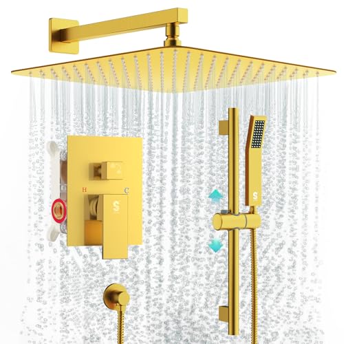 SR SUN RISE 12 Inch Square Shower System with Slide Bar,Brushed Gold | Rain Head and Handle System,16" Adjustable Shower Slide Bar,Soild Brass,Wall Mount,Included Valve and Trim Kit - color: Brushed Gold, size: 12 Inch