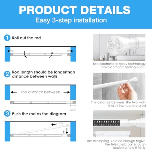 2 Pack Spring Tension Rod, Adjustable 45-77 Inch No Drill, White | 7/8 Inch Diameter Spring Loaded Extendable Tension Curtain Rod, Fits Windows Kitchen Doorway Closet Cupboard - color: White, size: 45-77IN-2P