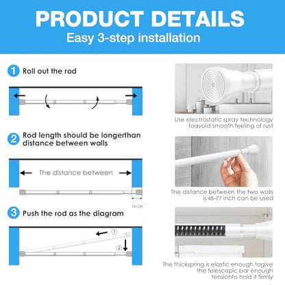 2 Pack Spring Tension Rod, Adjustable 45-77 Inch No Drill, White | 7/8 Inch Diameter Spring Loaded Extendable Tension Curtain Rod, Fits Windows Kitchen Doorway Closet Cupboard - color: White, size: 45-77IN-2P