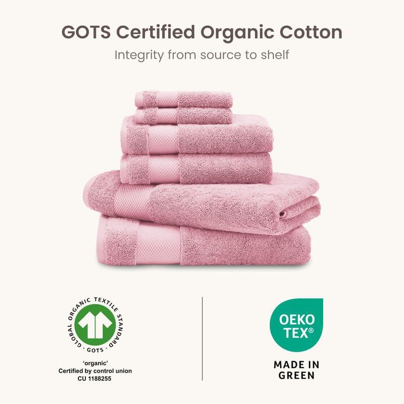 BIOWEAVES 100% Organic Cotton Bath Towel Set | 700 GSM Plush 6-Piece Premium Towel Set GOTS Certified, 2 Bath Towels, 2 Hand Towels & 2 Washcloths - Dusty Pink - color: Dusty Pink, size: 6 Pc Towel Set