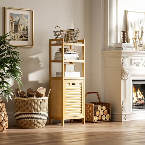 HITNET Tilt Out Laundry Hamper, Bamboo Laundry Basket with Foldable Bag and 3 Open Shelves, Freestanding Clothes Storage Organizer for Bedroom, Bathroom, Living Room, Natural - color: Natural