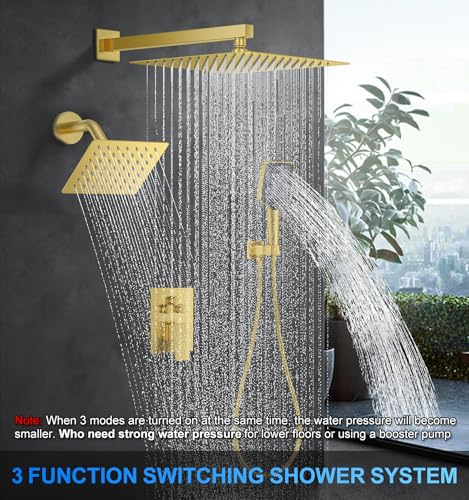 Woindo Shower Faucet Set, 12" Wall Mount Rainfall Shower System with 2 Rain Shower Head and Multi-function Handheld Head Push Button Diverter Shower Faucet Trim Kit - color: Brushed Gold, style: 12"-Wall-01