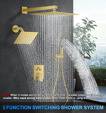 Woindo Shower Faucet Set, 12" Wall Mount Rainfall Shower System with 2 Rain Shower Head and Multi-function Handheld Head Push Button Diverter Shower Faucet Trim Kit - color: Brushed Gold, style: 12"-Wall-01
