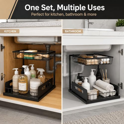 2-Tier Under Sink Organizer, Pull-Out Cabinet Storage Rack, Black, Adjustable Height 13.8 to 16.9 Inches